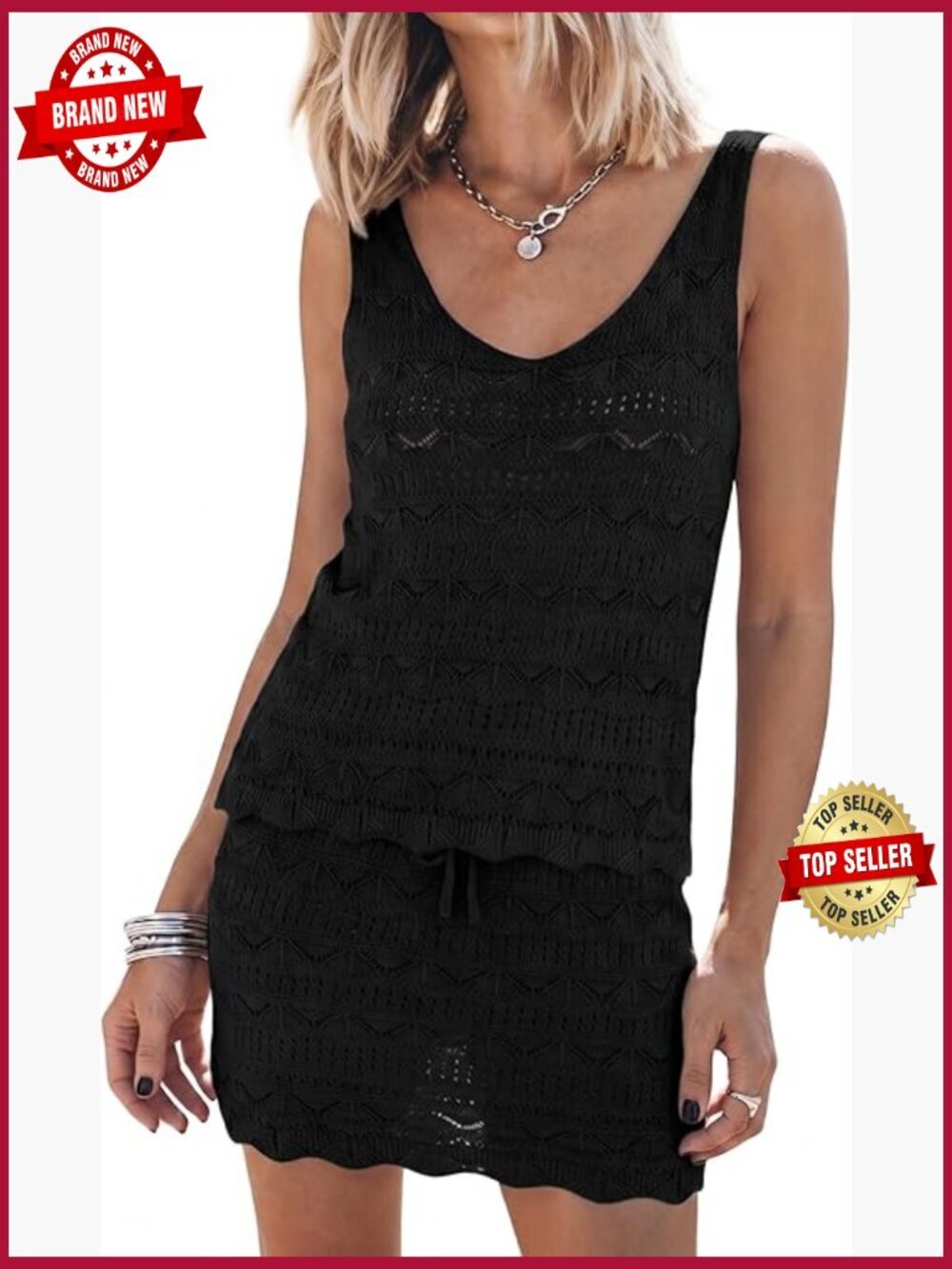 Crochet Swimsuit Cover Up Set 2 Piece Knit V Neck Swimwear Beach Vacation Outfit